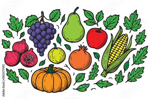 A lively colorful vector pattern filled with harvest fruits and vegetables, arranged in decorative repeats that highlight abundance, tradition, and the spirited atmosphere of a festive celebration fun