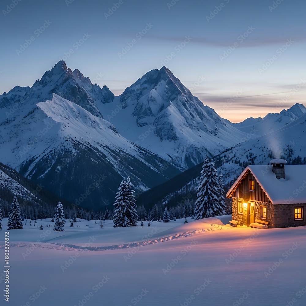 Fototapeta premium Cozy Cabin in Winter Wonderland - A Snowy Mountain Retreat.