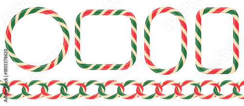 Candy cane border square circle oval Christmas frames striped lollipop pattern festive vector illustration