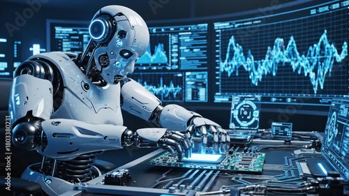 Futuristic AI Robot Engineering Next-Gen Processors: Analyzing Complex Data on Glowing Circuit Boards in a Dynamic High-Tech Lab