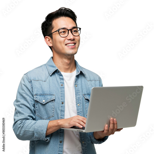 Smiling young asian man wearing glasses holding a laptop and looking upwards isolated on transparent background