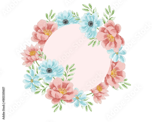 Soft Red Aster and Blue Watercolor Flower Wreath