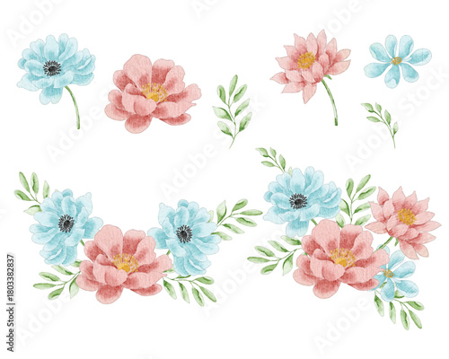 Soft Red Aster and Blue Watercolor Flower