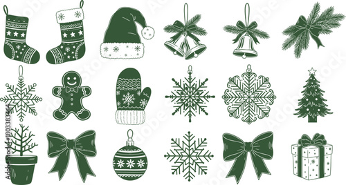 Monochrome Set of Vintage Christmas and Winter Elements, Featuring Stockings, Santa Hat, Bells, Snowflakes, Gingerbread Man, and Festive Decorations in Green Silhouette Vector.