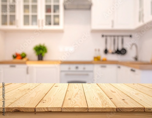 Wood tabletop overlooks blurred white kitchen interior