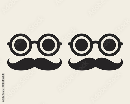 Two sets of black glasses and mustaches arranged side by side on a light background image design