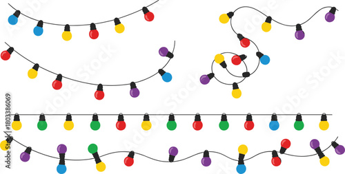 Set of Colorful Decorative String Lights Vector Illustrations, Featuring Holiday Fairy Lights, Festive Garland, and Light Bulb Borders for Party and Event Design.