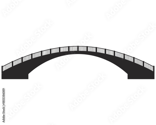Illustration of a black silhouette of an arched bridge with railings against a white background scenery
