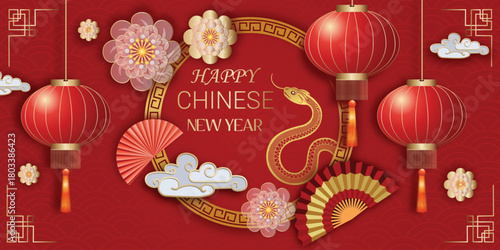 Happy Chinese New Year Celebration with Snake and Lanterns