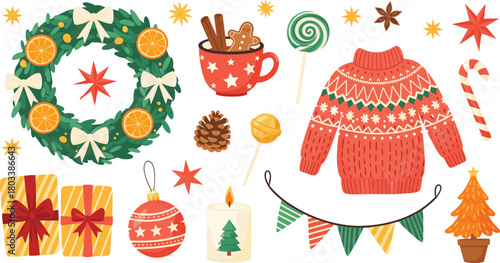 Set of Cozy Christmas and Winter Holiday Elements, Including Wreath, Ugly Sweater, Gifts, Gingerbread Man Mug, Candy Canes, and Festive Decorations Vector Collection.