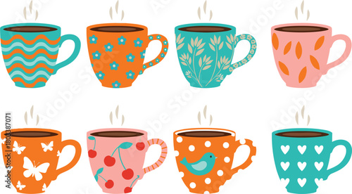 Set of Cute Colorful Mugs with Steaming Hot Drinks, Featuring Decorative Patterns like Flowers, Cherries, Butterflies, and Hearts, for Cozy Beverage Concepts.