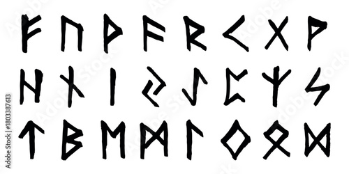Set of hand drawn viking runes Ancient scandinavian futhark germanic celtic alphabet clipart in doodle style Single element for print, web, design, decor