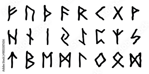 Set of hand drawn viking runes Ancient scandinavian futhark germanic celtic alphabet clipart in doodle style Single element for print, web, design, decor
