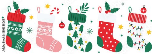 Set of Five Christmas Stockings Vector Illustration, Featuring Festive Patterns, Holly Berries, Candy Canes, and Lights, for Holiday Decoration and Greeting Design.