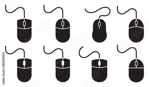  Collection of eight black computer mouse icons with cords on a white background