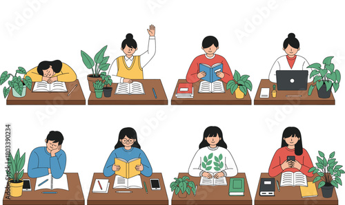Set of Students and People Working at Desks, Featuring Characters Studying, Reading Books, Using Laptops, and Taking Notes, Representing Education and Remote Work.