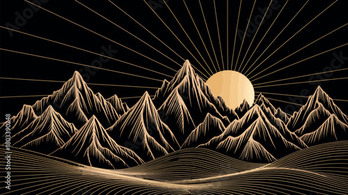 Gold mountain wallpaper with elegant line art luxury golden background illustration