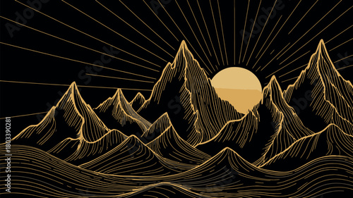 Gold mountain wallpaper landscape line art golden luxury background vector design
