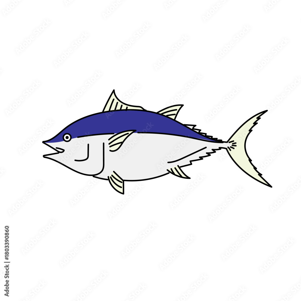 Obraz premium 青と白のコントラストでマグロをシンプルに描いたイラスト｜清潔感ある色使いとミニマルな線で料理や水産関連デザインに使いやすい素材