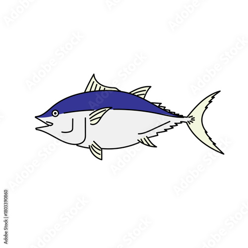 青と白のコントラストでマグロをシンプルに描いたイラスト｜清潔感ある色使いとミニマルな線で料理や水産関連デザインに使いやすい素材