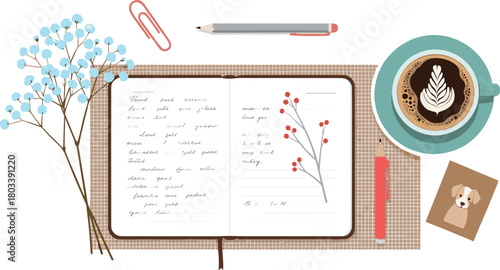 Top View of a Cozy Workspace with Open Notebook, Coffee Cup with Latte Art, Baby's Breath Flowers, and Writing Stationery, Representing Creativity and Planning.