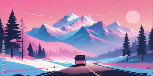 Colorful winter road scene featuring a moving bus and majestic pink–blue mountain ranges.