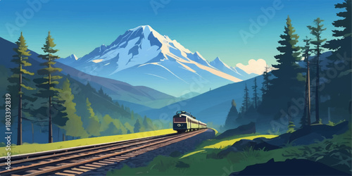 Train traveling through a green valley with tall pine trees and a bright blue mountain peak.