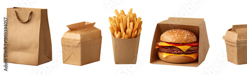 Fast food items in paper packaging on a black background