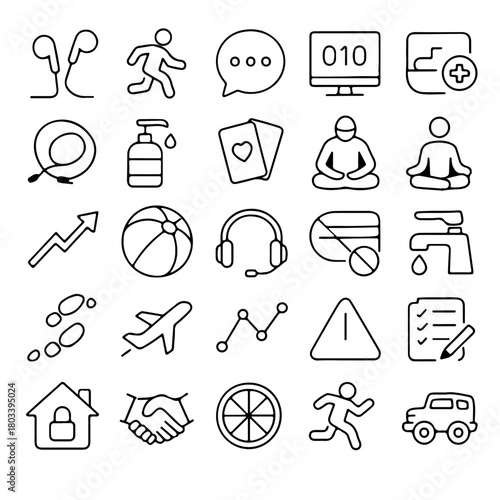 Collection of line art icons: earphones, running, chat bubble, computer screen, document, hand sanitizer, playing cards, meditation, beach ball, headphones, credit card, tap, footprints, airplane.