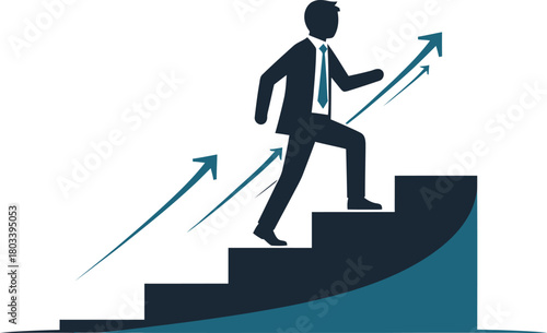 A businessman is climbing stairs with arrows pointing upwards, isolated on white background
