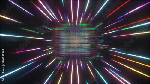 輝くピクセルとカラフルなグリッチが交錯する未来的デジタルアート