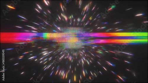 鮮やかなグリッチエフェクトが流れるデジタルアートの幻想的シーケンス