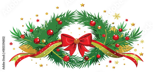 Christmas Holiday wreath with ornaments, gold ribbon, stars, and bow decoration art.