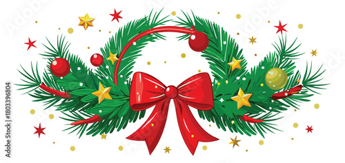 Festive wreath with ornaments stars and bow for holiday decoration.