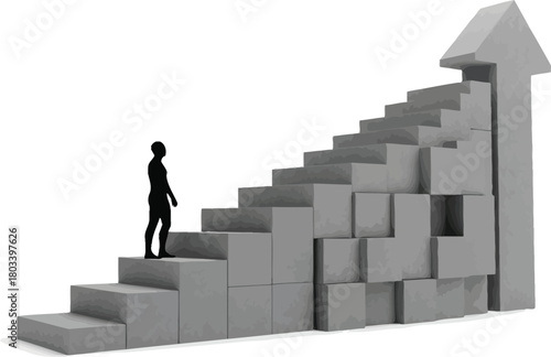 A man is climbing the stairs to success, a metaphor for achieving goals and overcoming obstacles isolated on white background