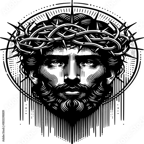 Crown of Thorns: The image is a depiction of suffering and devotion, with a crown of thorns and a serence face.  It is a reverent and iconic symbol of sacrifice and spirituality.