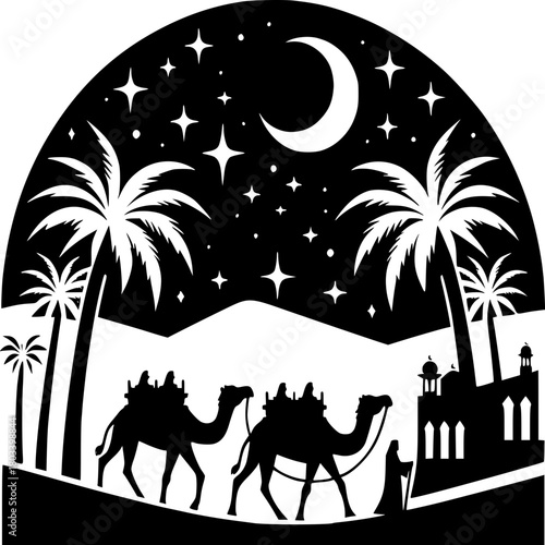Silhouette of a Desert Caravan at Night: An evocative black and white silhouette depicts a caravan of camels traversing a desert landscape beneath a starlit night sky.