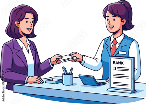Two women exchanging a check at a bank counter with a tablet and pen holder, conveying a professional and friendly mood.