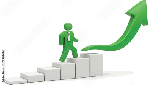 A green figure climbs white stairs shaped like an arrow, isolated on white background, symbolizing business success and career growth