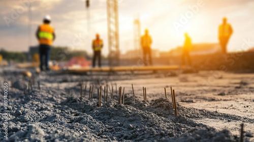 disavowal. Construction site with abstract industrial elements, metal and concrete textures, and dramatic side lighting. real-estate listings.