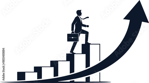 A businessman climbs stairs shaped like an arrow, isolated on white background, representing career advancement and business success