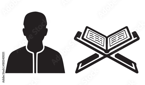  Silhouette of a man wearing a traditional cap next to an open quran on a stand