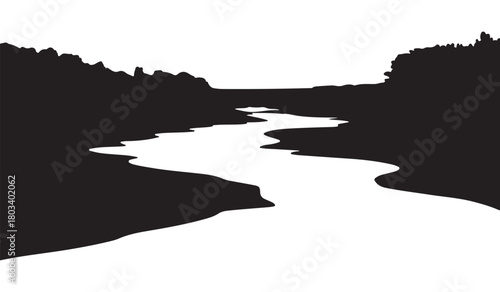  Stylized black and white silhouette of a winding river flowing through a dark forest landscape