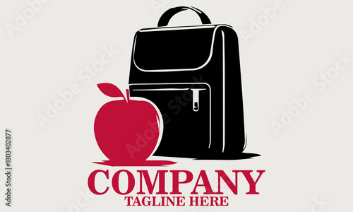 Black silhouette illustration vector of a  red apple rests beside a closed lunch bag. Eat a red apple day icon