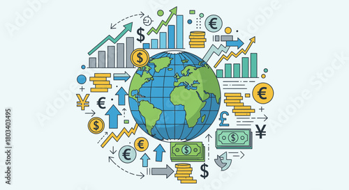 Global economy and finance concept with world map, currency symbols, financial graphs, and market trend indicators.