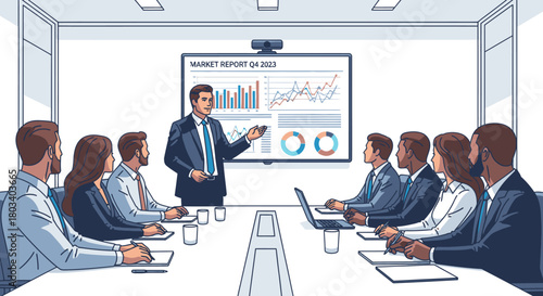 A business presentation in a conference room with a man presenting data to a group.