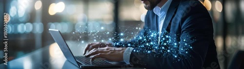 Professional business man analyzing global data network on laptop visualizing world connectivity and digital information flow.