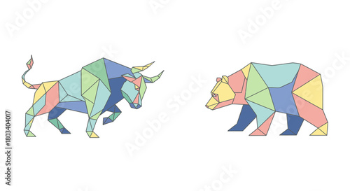 Geometric illustration of a bull and a bear, symbolizing market trends and financial concepts.