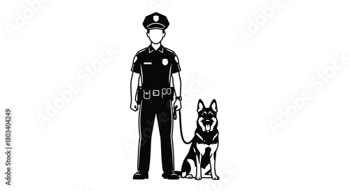 Brave policeman with k9 companion standing alert ready to protect