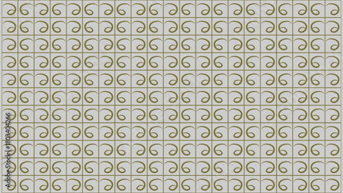 Seamless Geometric Grid Pattern with Abstract Spiral Motifs, Khaki Green on Light Gray Tonal Background